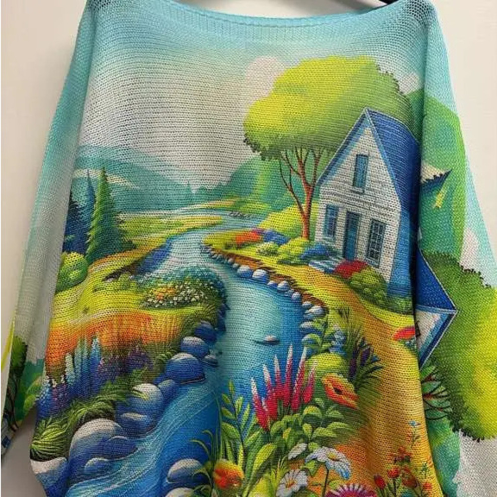 L133 Loowie Blue River Round Neck Knit Printed Sweater  One Size
